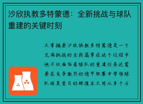 沙欣执教多特蒙德：全新挑战与球队重建的关键时刻