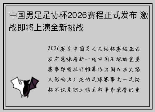 中国男足足协杯2026赛程正式发布 激战即将上演全新挑战